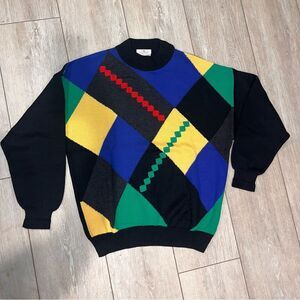 MARICCI Men’s Vintage Boxy Knit Sweater in Black w/Geometric Argyle Designs, L